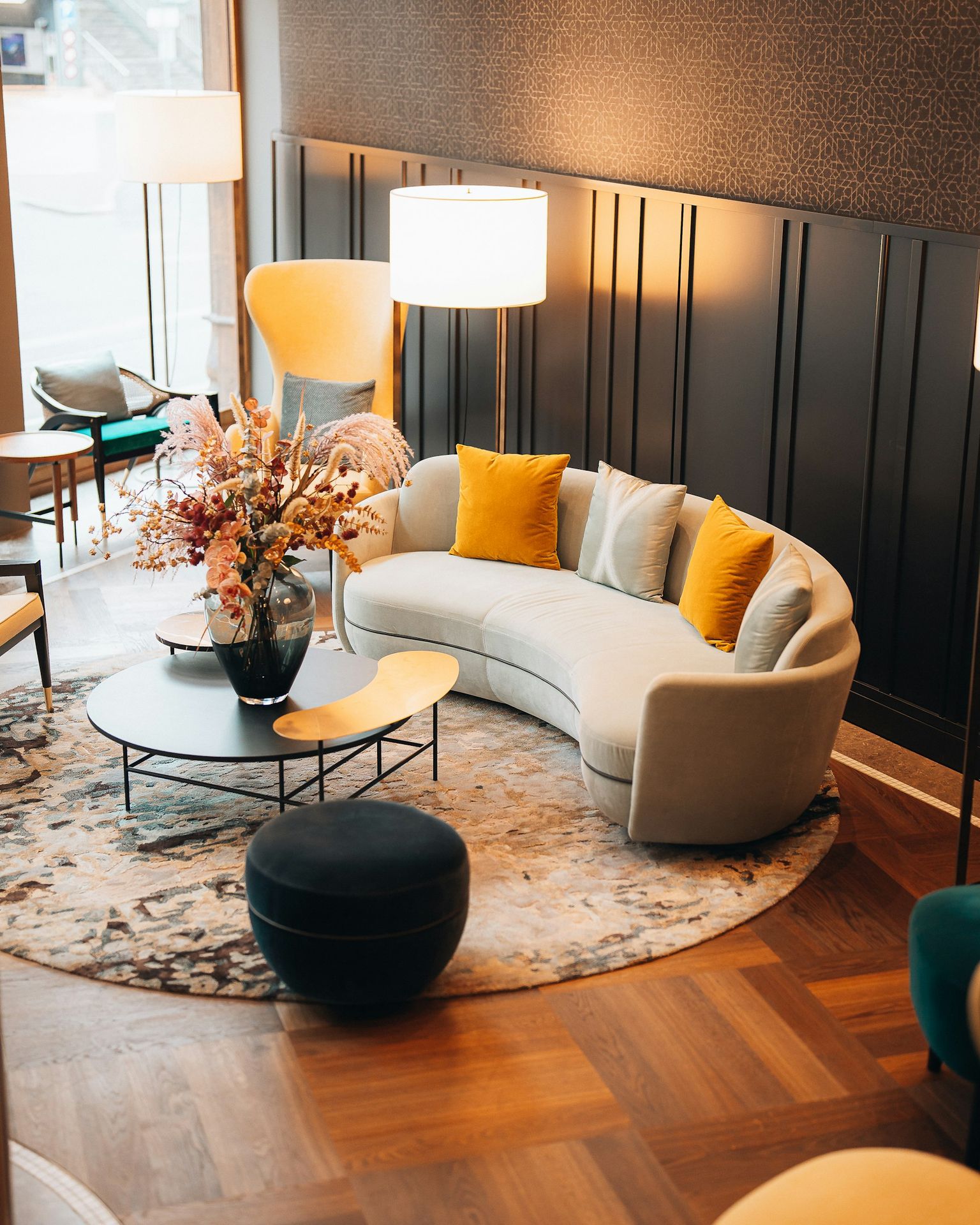 a living room with a couch and a coffee table