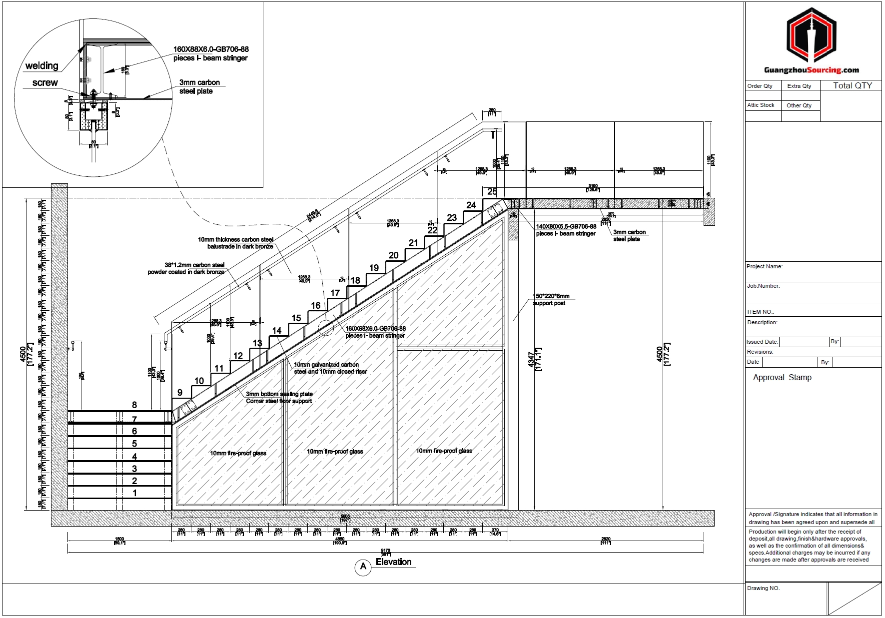 A shop drawing showing a staircase