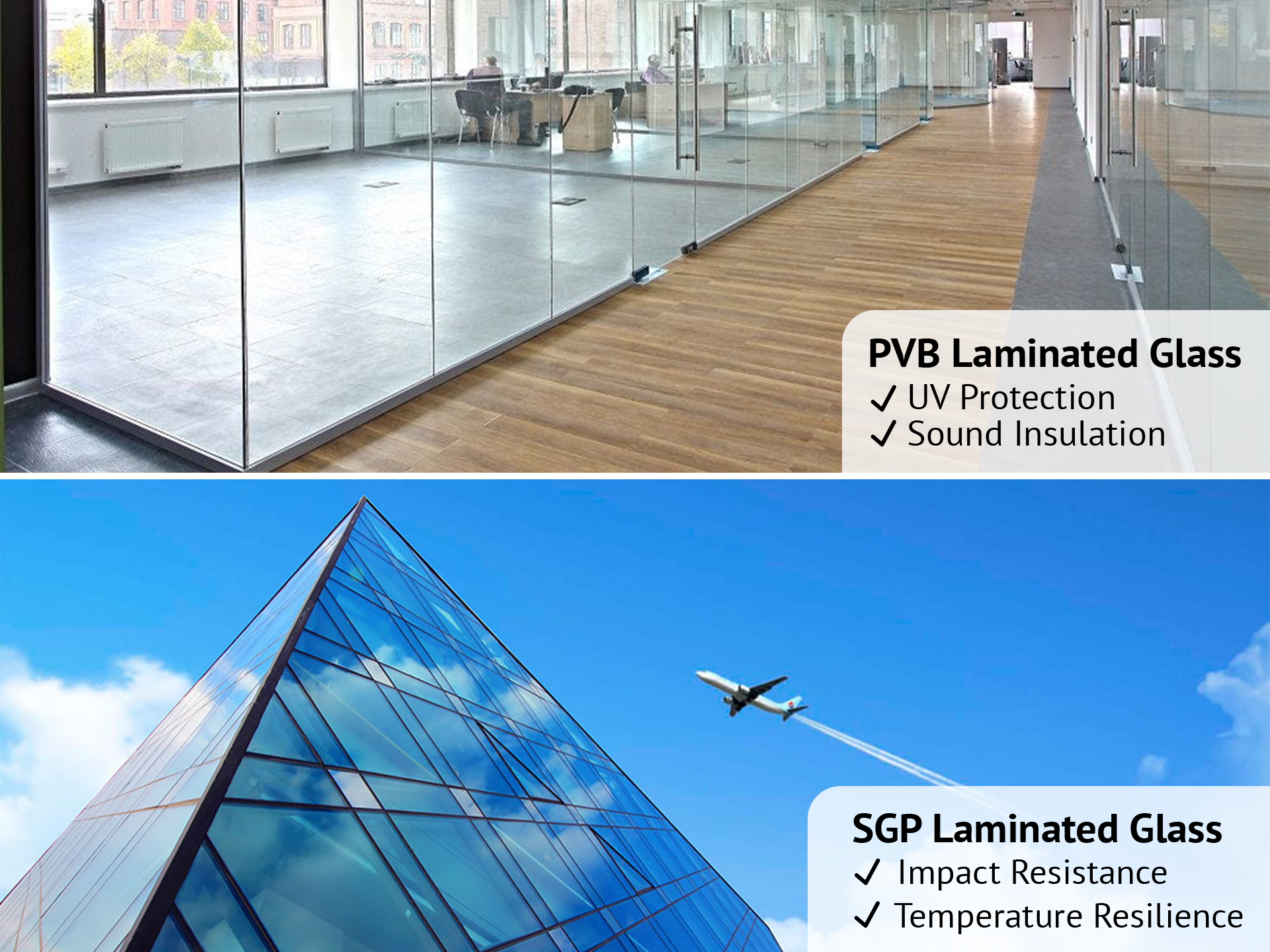 A graphic comparing PVB and SGP laminated glass