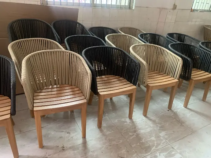 A series of stylish chairs with wooden seats