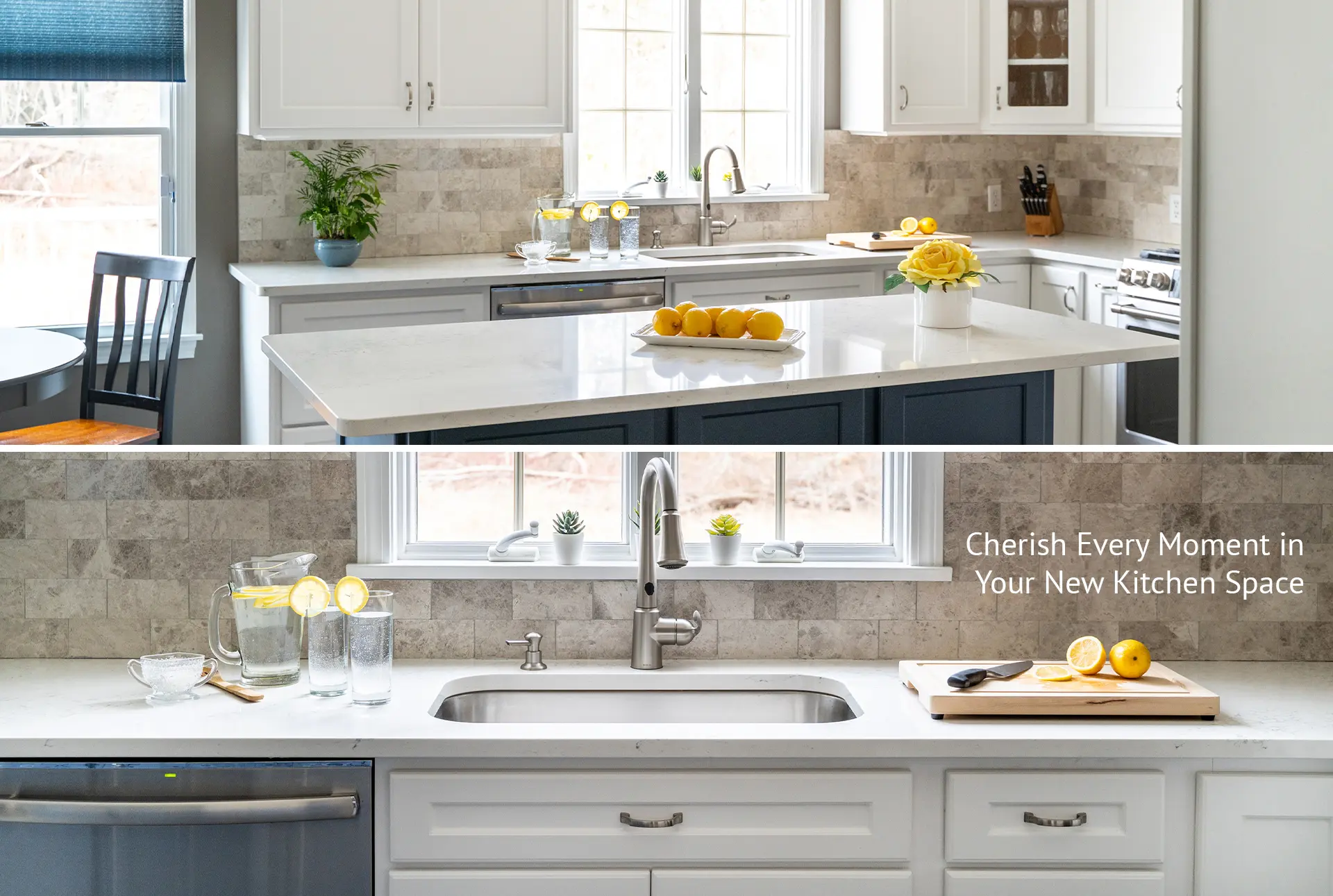 Modern kitchen with white cabinets, a marble countertop