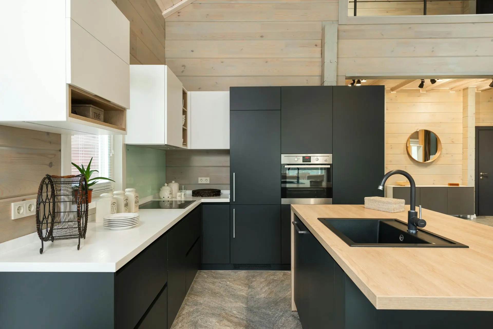 Laminated countertop with a light wood finish