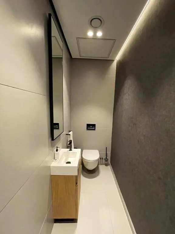 modern bathroom with a sleek toilet, a stylish sink, and a large mirror reflecting the elegant surroundings.