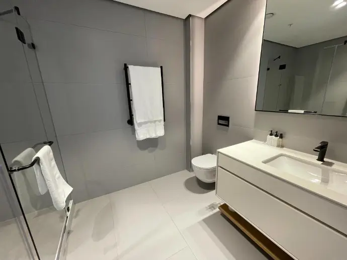 modern bathroom with a sleek shower, a stylish sink, and a clean toilet.